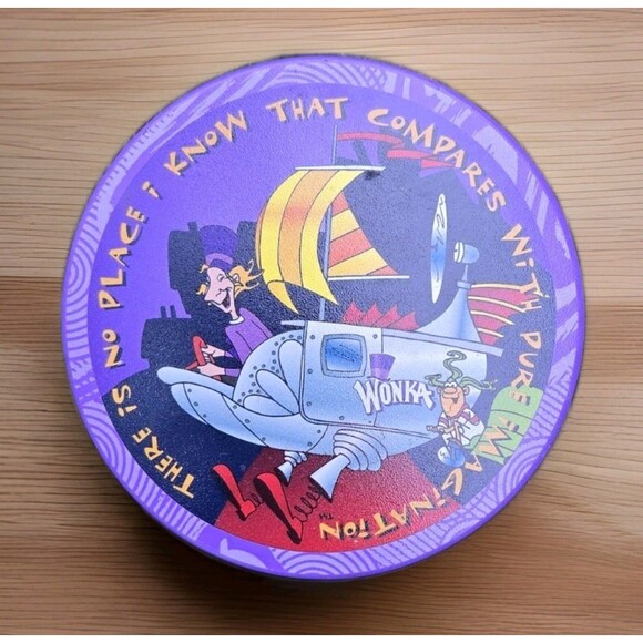 Vintage 90s/2000s? Wonka Purple Lolly Candy 6" Round Metal Tin Pure Imagination - Picture 1 of 10